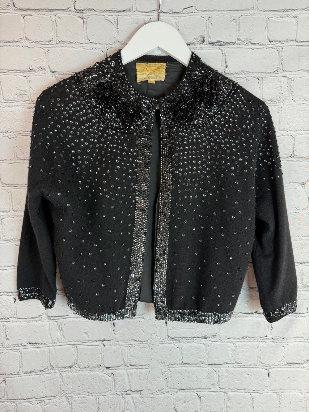 VINTAGE Black Beaded Cardigan Sequins Angora Lambswool Cropped Sweater